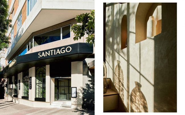 Fotografía de fachada e interior del restaurante Santiago realizada por Luis García Craus, mostrando acabados en Dekton de Cosentino y diseño mediterráneo contemporáneo.