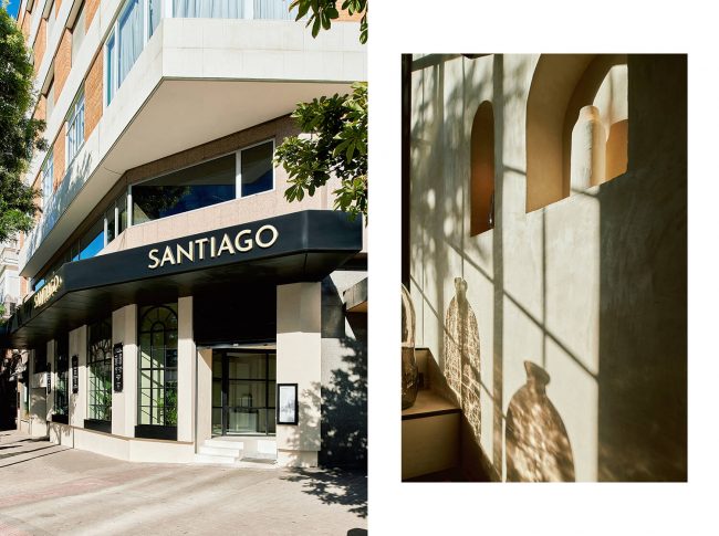 Fotografía de fachada e interior del restaurante Santiago realizada por Luis García Craus, mostrando acabados en Dekton de Cosentino y diseño mediterráneo contemporáneo.